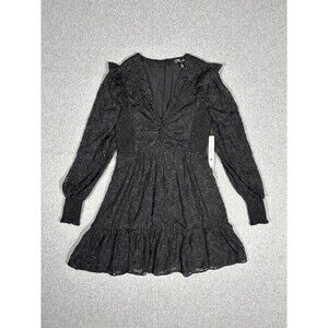 AQUA Black Floral Smocked Waist Ruffled V-Neck Long Sleeve Romantic Mini Dress S